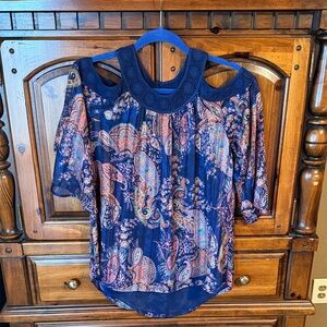 Daniel Rainn Navy Paisley Cold-Shoulder Blouse with Crochet Yoke